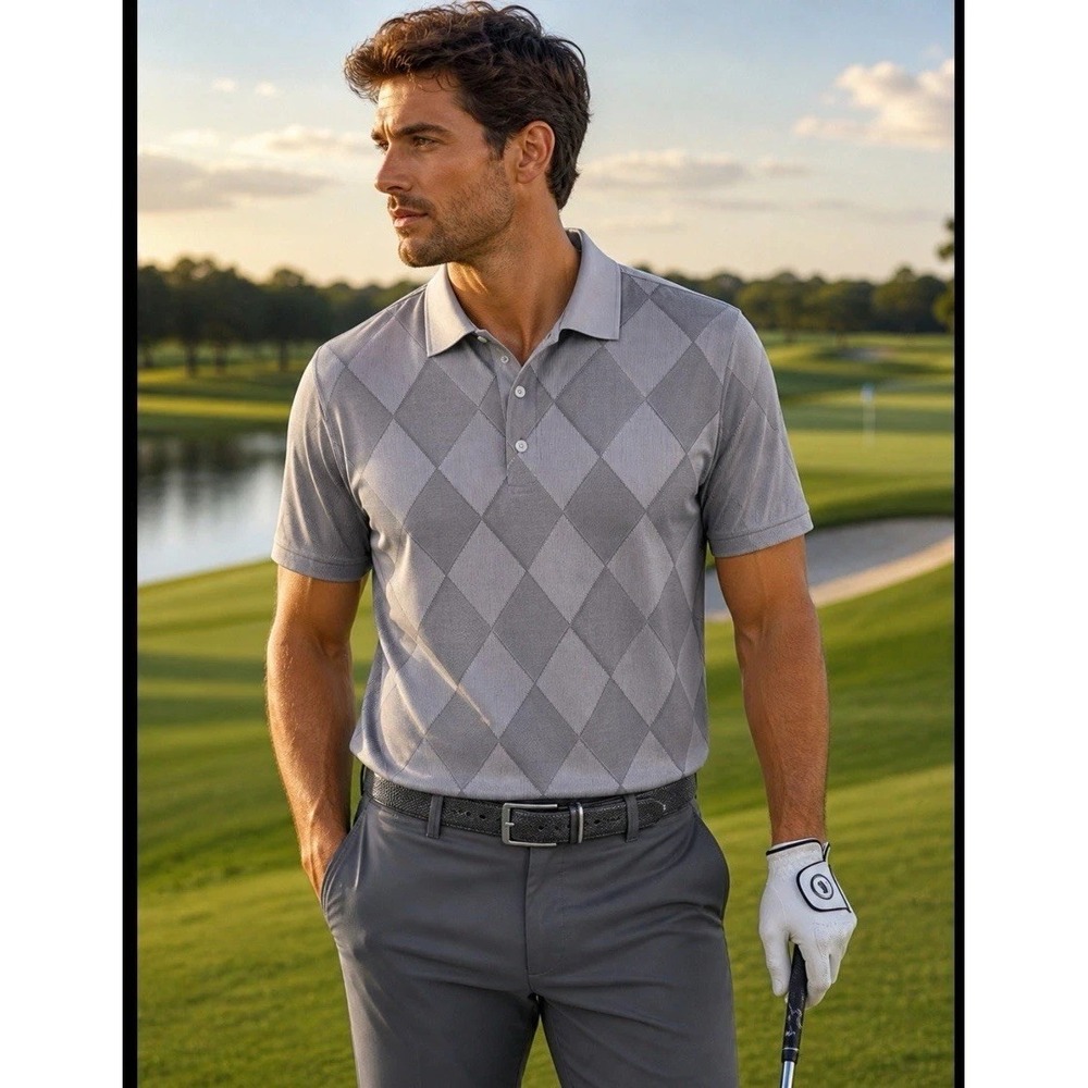 Skins Game Large Dry Ply Performance Gray Diamond Golf Polo Short Sleeve Fairway